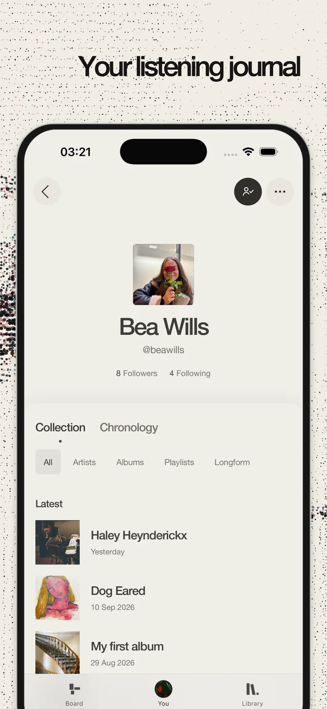 Bea Wills’ profile, with Collection and Chronology tabs